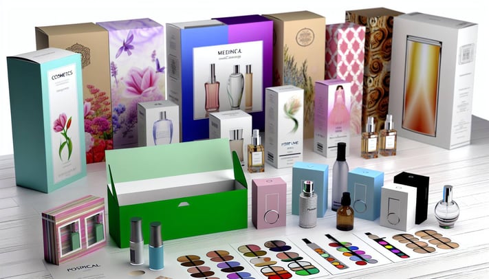 various printed packaging cartons for retailers including cosmetics, beauty products, medicines, perfumes, boxboard packaging